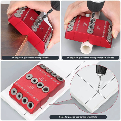 30 45 90 Degree Drill Hole Guide Jig For Angled And Straight Holes Four Size Portable Deck Cable Railing Lag Screw Drilling Template Block For Horizontal Cable Wood Post And Stair Handrail Pro Grade Aluminum Alloy used on wood and pipe