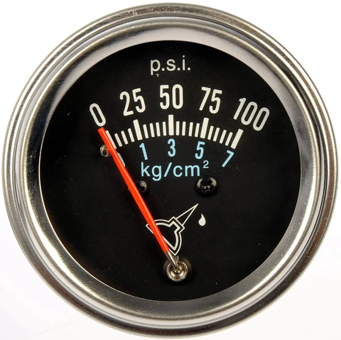Close-up of Oil Pressure Gauge Kit Universal Fit With All Mounting Hardware For DIY Friendly Install No Special Tools Needed Easy Hookup And Reliable Readouts Durable Auto Repair Gauge Set From Dorman 7 153 With ASE Blue Seal Certified Support And High Quality showing PSI readout.