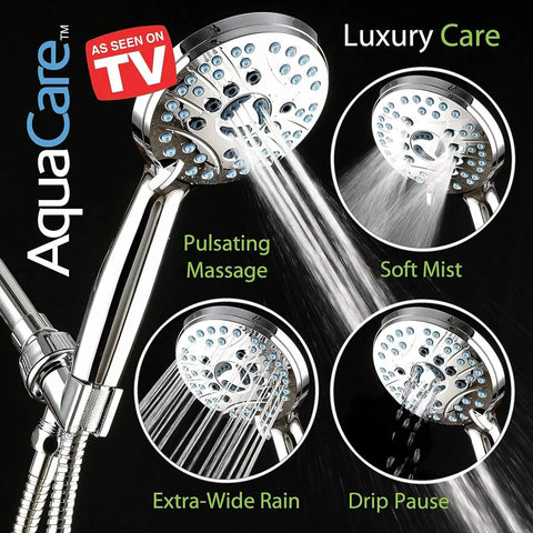 High Pressure 8-Mode Hand Shower With Anti-Clog Nozzles and 6ft Stainless Hose displayed with various spray modes