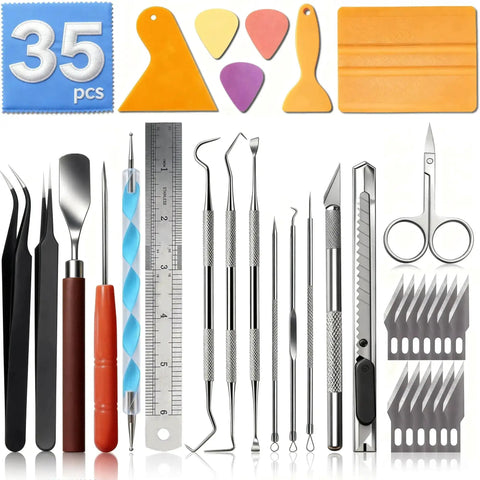 35-Piece All-In-One Weeding Tools Kit For Vinyl And Scrapbooking, Precision Craft Set With Tweezers, Hook Weeders, Utility Knife