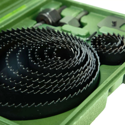 Bi Metal Hole Saw Set With 16 Pieces For Wood PVC And More From Jadever Three Quarters To Five Inch Range Includes Twelve Blades Two Mandrels Drive Plate And Hex Key Pro Grade HSS Bi Metal Construction visible in green case