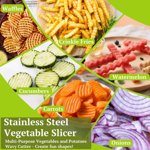 Image showing various vegetables and fries sliced with a stainless steel crinkle cutter, including fries, cucumbers, and carrots.