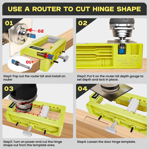 Green Door Hinge Jig For Quick Install No Fuss All In One Router Template setup and use instructions