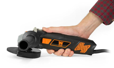 Powerful 7 Amp Angle Grinder With A Four And A Half Inch Wheel, 11,000 RPM, Lightweight Design With Rubber Grip, shown in hand view.