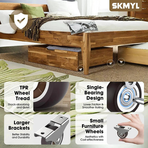 2 Inch Small Fixed Caster Wheels With Low Profile And Quiet Rolling For Furniture Drawers And Storage Bins Brown Set Of 4 Durable Thermoplastic Rubber Caster Wheels For Smooth Mobility And Easy Furniture Upgrades shown attached to wooden bed with storage.