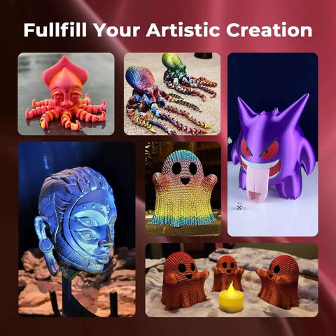 Various models printed with Silk Dual Color PLA Filament 1.75mm Red Black Coextrusion, showcasing glossy and color-changing effects.