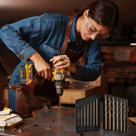 Woman using drill with 13 Piece Cobalt Drill Bit Set With M35 High Speed Steel 1/16 Inch To 1/4 Inch for metalwork