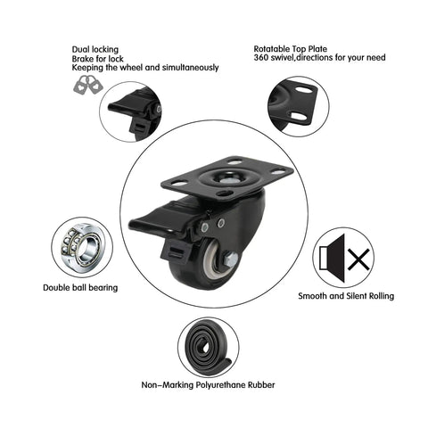 2 Inch Caster Wheels Set Of 4 With 360 Degree Swivel And Brakes Lockable Bearing Plate Casters Non Marking Polyurethane Wheels