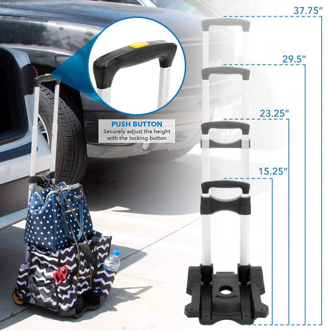 Foldable Luggage Cart With Wheels Lightweight Steel Frame Carries Up To 77 Pounds, shown with adjustable height next to car trunk.
