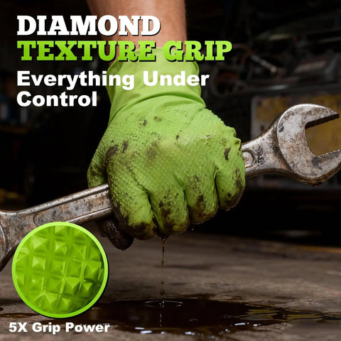 Green Nitrile Gloves 8 Mil Heavy Duty Textured Grip Powder Free Food Safe 100 Ct holding wrench with oil spill