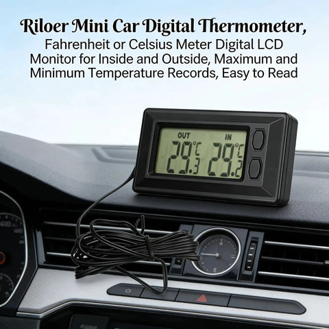 Mini Car Digital Thermometer With Inside Outside Temperature Readout And Max Min mounted on car dashboard showing temperature readings