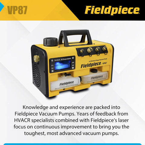 Fieldpiece VP87 vacuum pump, 8 CFM dual‑stage, ¾ HP DC motor, RunQuick oil change, portable HVAC tool
