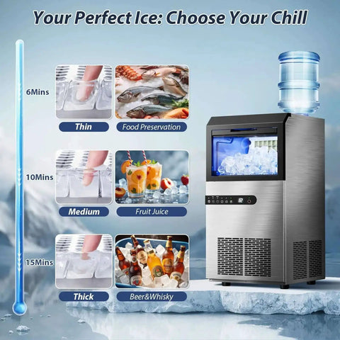 High Efficiency Under Counter Ice Maker, 120 Lbs Per Day, Stainless Steel, 45 Ice Cubes Per Cycle, shown with ice options and drinks