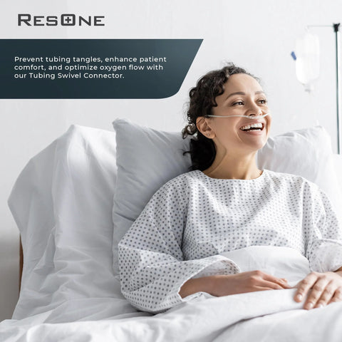 ResOne oxygen tubing swivel connectors shown with a patient in a hospital bed wearing a nasal cannula