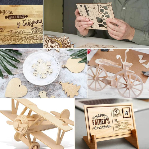 Crafts made from 10 Pcs Baltic Birch Plywood Sheets 16x12 Inch One Eighth Inch 3mm Unfinished Wood for arts and crafts projects.