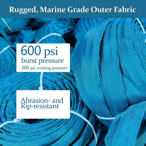 Gnimihz 50ft sea blue garden hose, TPE material, rugged marine-grade outer fabric, 600 psi burst