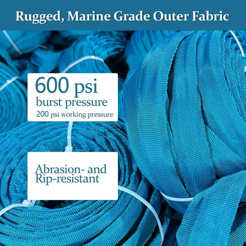 Close-up of sea blue TPE Garden Hose 50 Feet Ultra Light Flexible Water Hose with marine grade fabric and pressure details