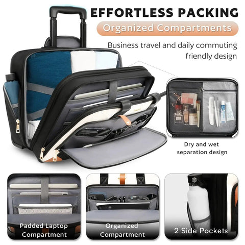 Open Rolling Laptop Bag For Women On The Go With Waterproof Pocket 16 Inch Computer Case showing compartments and pockets for organization