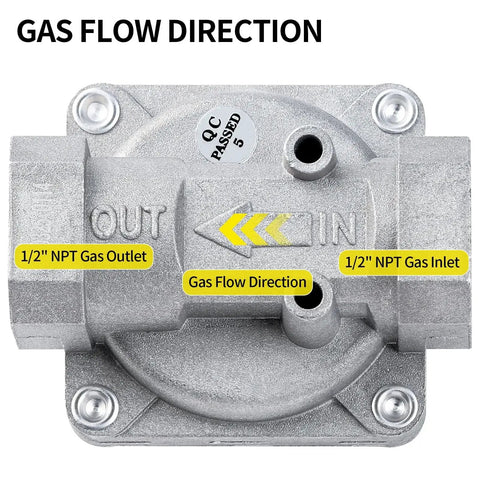 Gas Regulator For Natural Gas And Propane 1/2 PSIG 1/2 In NPT, 120000 BTU/Hr Adjustable with gas flow direction and outlets visible.
