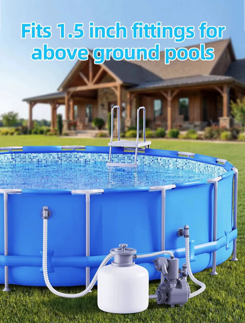 Above Ground Pool Inlet And Return Replacement Kit With Plunger Valve And 1.5 Inch Outlet Strainer connected to a blue pool