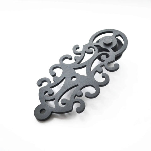 Ornate Cut Roller Black Iron Sliding Barn Hardware Kit For Single Door Hardware Only, close-up of decorative roller