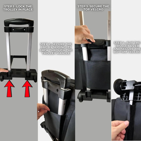 Assembly steps for Rolling Teacher Tote Bag With Wheels And Laptop Compartment, showing how to secure bag to detachable trolley.