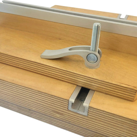 Cam Action T Track Quick Release Hold Down Clamp for Jigs, Fixtures and Shop Fences, installed on wooden jig with bolt