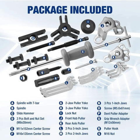 9 Way Slide Hammer Puller Set With 27 Piece Kit Heavy Duty Wheel Bearing Removal Tool components displayed with labels