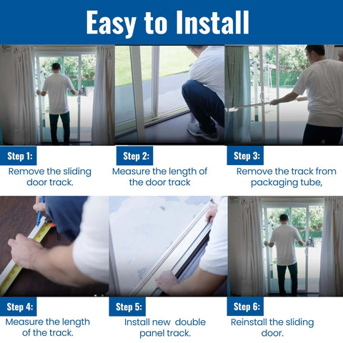 Installation steps for Double Panel Sliding Door Track Kit 96 Inch Vinyl Bottom Rail for patio doors, showing measurement and replacement process.