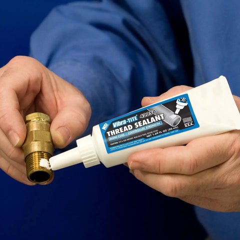 White 420 High Temperature And High Strength Anaerobic Thread Sealant For Metal Pipes And Fittings, 50ml tube applied to brass fitting