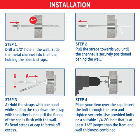 Installation process of Heavy Duty Master Toggle Bolt Strap Anchors Kit steps with illustration for secure wall mounting.