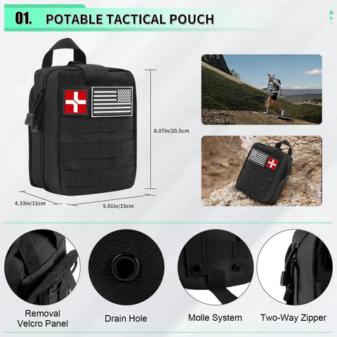 171 Piece Survival First Aid Kit With Emergency Gear And MOLLE Nylon Bag, black tactical pouch with flags and dimensions