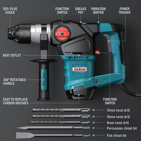 Heavy Duty One And A Quarter Inch SDS Plus Rotary Hammer Drill With 12.5 Amp Motor, Seven Joules Of Impact, Vibration Control