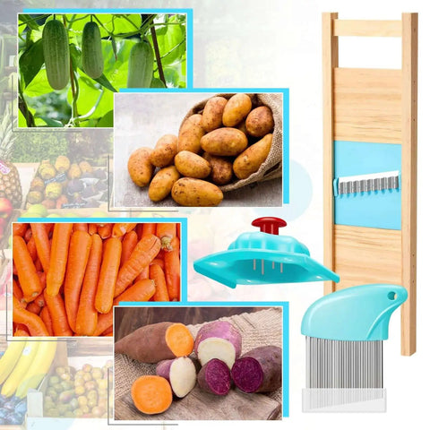 Three Piece Waffle Fry Cutter Set With Potato Lattice Maker Crinkle Cutter And Wavy Carrot Slicer Stainless Steel Knives