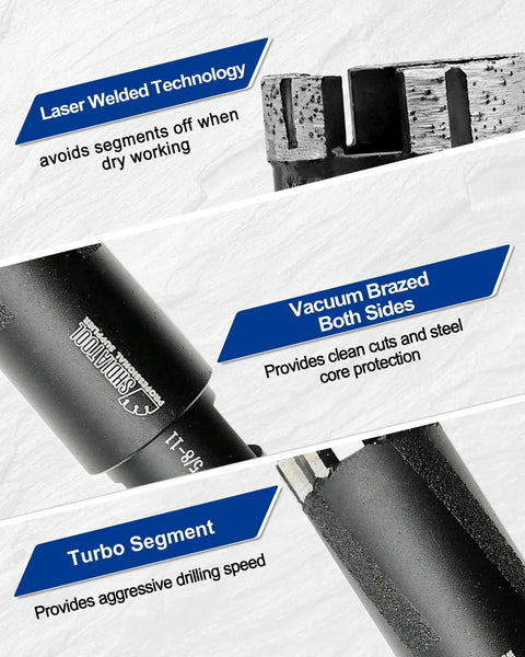 Close-up view of One And Three Eighths Inch Diamond Core Drill Bit for dry or wet drilling, showing laser welded segments, vacuum brazed sides.