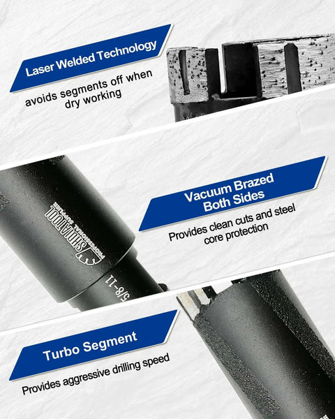 Close-up of a 32mm diameter, 100mm long diamond core drill bit with laser welded technology, showing features.