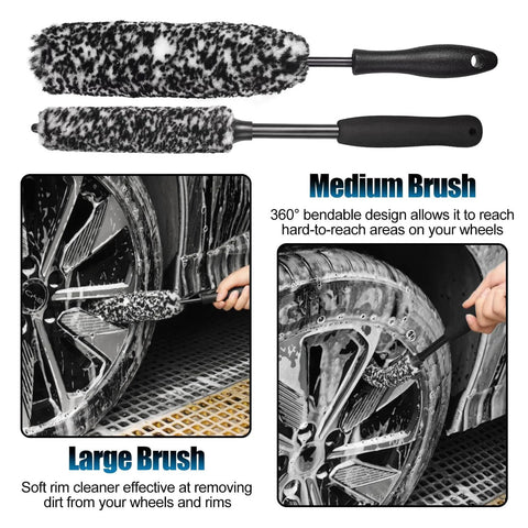 All In One Pro Grade Wheel And Tire Detailing Kit With Eight Brushes Including Four Wheel Cleaning Tools And Three Boar Hair Detail Brushes Plus A Hard Tire Scrubber Flexible Rim Cleaning Set For Cars Motorcycles And Trucks shown with medium and large brushes for wheel cleaning