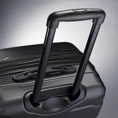Close-up of handle on Expandable Hardside Carry On Luggage With Four Spinner Wheels For Easy Travel, 20 Inch Size, Lightweight And Durable Omni PC Shell, Max Packing Power, 6.81 Lb, Black, 10 Year Warranty From Samsonite