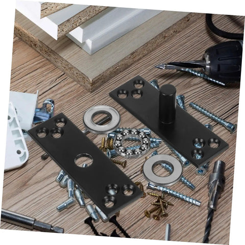 360 Degree Hidden Door Hinge Stainless Steel Pivot For Secret Doors with mounting hardware and tools on wooden surface