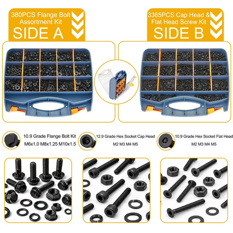 380PCS Flange Bolt Kit With Nuts And Washers For Metric M6 M8 And M10 Bolts 12 16 20 25 30 40mm Includes Lock Washers Flat Washers And Hex Socket Flat Head And Cap Head Screws Ideal For Auto, Home And DIY Projects image featuring assorted black bolts and washers in a divided case labeled Side A with compartments.