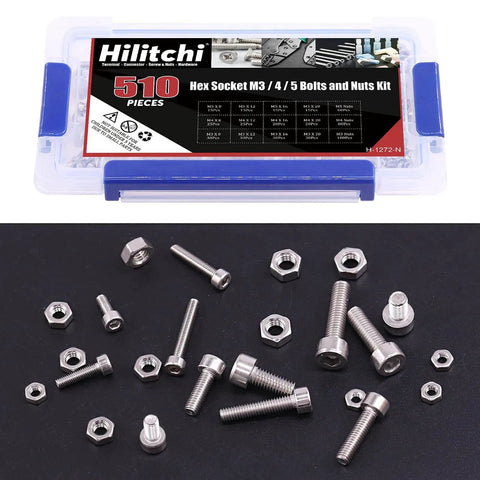 510Pcs M3 M4 M5 Stainless Steel Hex Socket Head Cap Bolts Screws Nuts Set In 304 Stainless Steel For DIY Projects Home Repairs Machinery And Automotive Use Assortment Kit displayed in case with bolts and nuts scattered