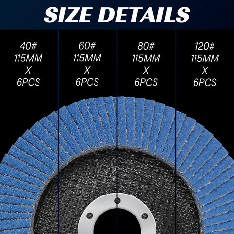 Close-up of 24 Pack 4.5 Inch Flap Discs For Angle Grinder Zirconia Grit 40 60 80 120 Type 29 Wood And Metal Sanding Kit