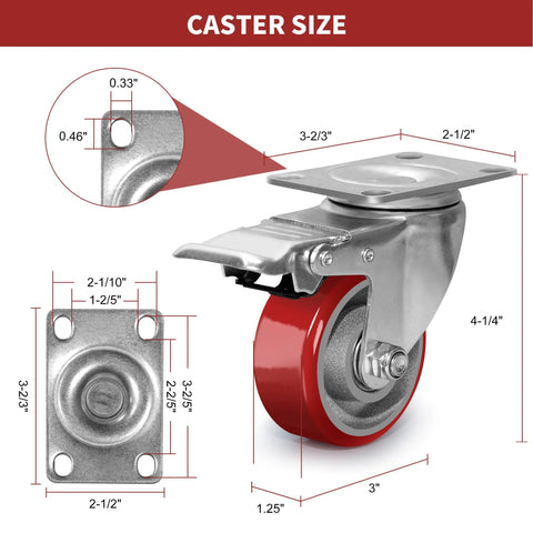 Diagram showing 3 Inch Heavy Duty Swivel Caster Wheels with Brakes, polyurethane on steel, with measurements.