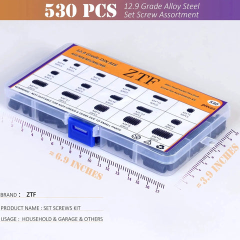 530 Piece Metric Set Screw Kit With M3 M4 M5 M6 M8 Grub Screws Internal Hex Drive For Bathroom Fixtures Door Handles Towel Racks Replacement 12.9 Grade Alloy Steel Durable Heavy Duty DIY Must Have in transparent storage box, marked with dimensions.