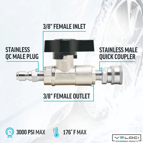 MTM Veloci 3/8 in plated brass ball shut-off valve with stainless steel quick coupler & plug, 3/8 in female inlet/outlet