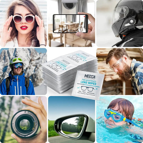Collage of Premoistened Lens Cleaning Wipes for Glasses, Pack of 100, with various uses including glasses, cameras, and mirrors.