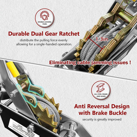 Close-up of 2 Ton Come Along Winch with 12 ft steel cable and dual gear, showing durable construction and anti-reversal design for secure use.