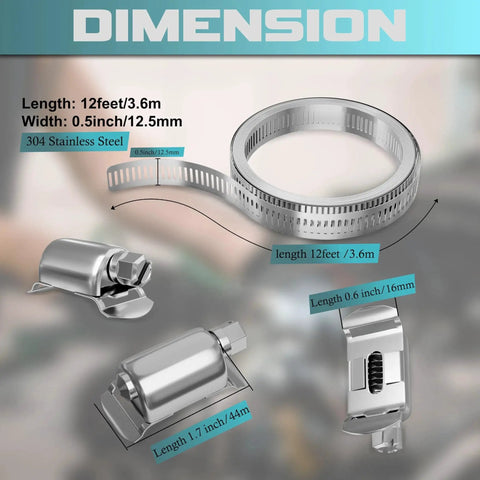 Cut To Fit 12 Foot 304 Stainless Steel Hose Clamp Kit with dimensions and fasteners displayed.