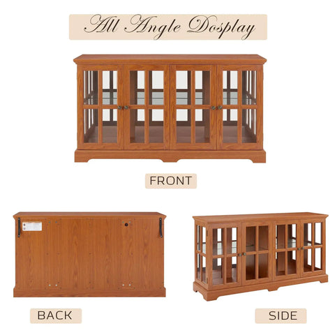 59 Inch LED Curio Cabinet With Seven Color Lights, front, back, and side views in dark oak finish, glass doors, adjustable shelves.