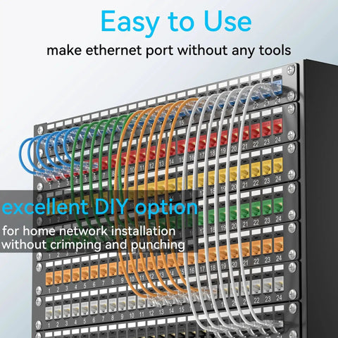 Ethernet cables connected to a patch panel, demonstrating the Cat6 Keystone Coupler 24 Pack Female to Female Ethernet Jack in use.